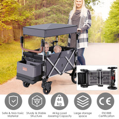 Safety and load capacity icons for the grey double stroller wagon with children inside