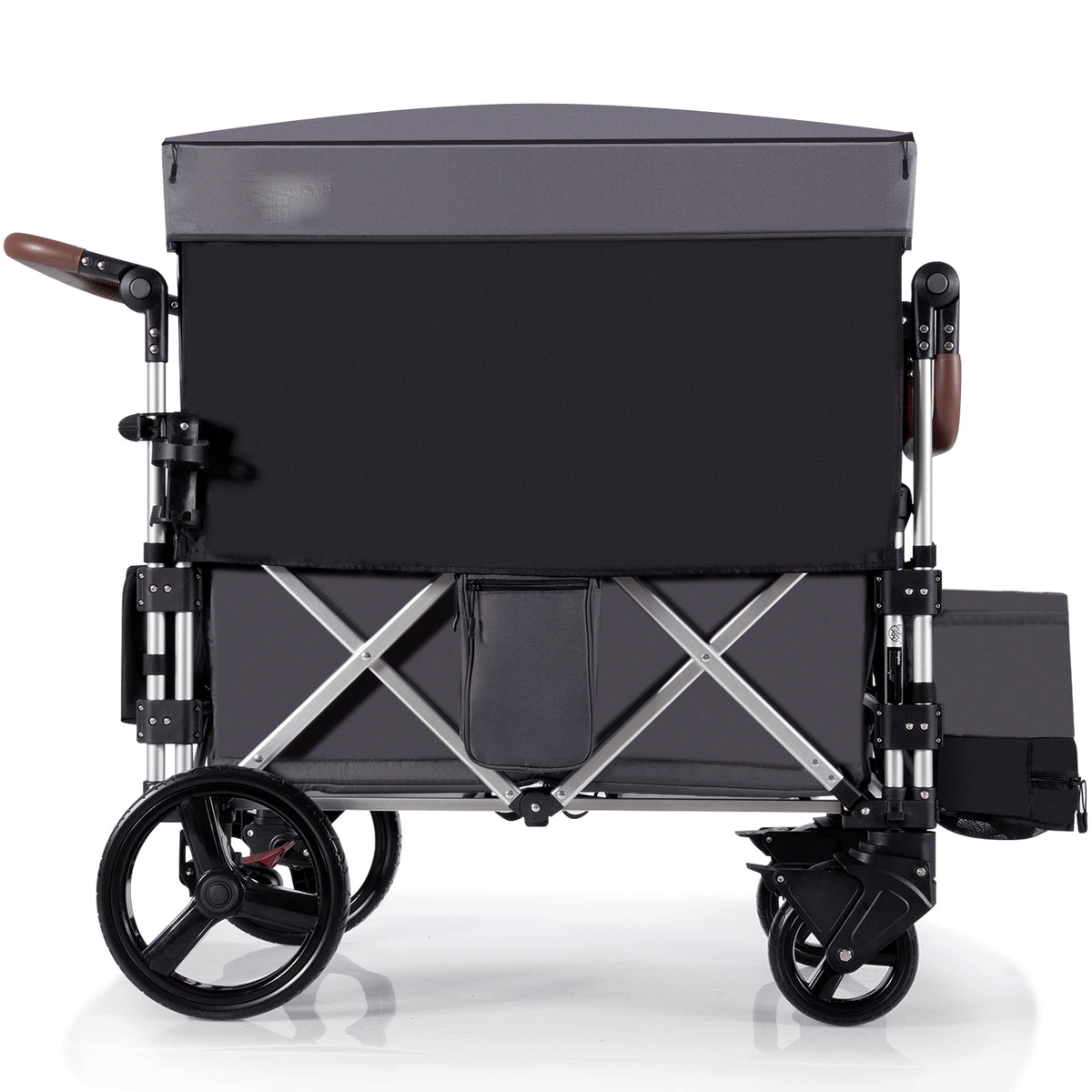 Side view of the grey double stroller wagon with canopy down and storage compartments