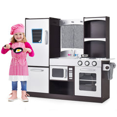 Kids Wooden Play Kitchen Set with Refrigerator Blackboard Sink Oven