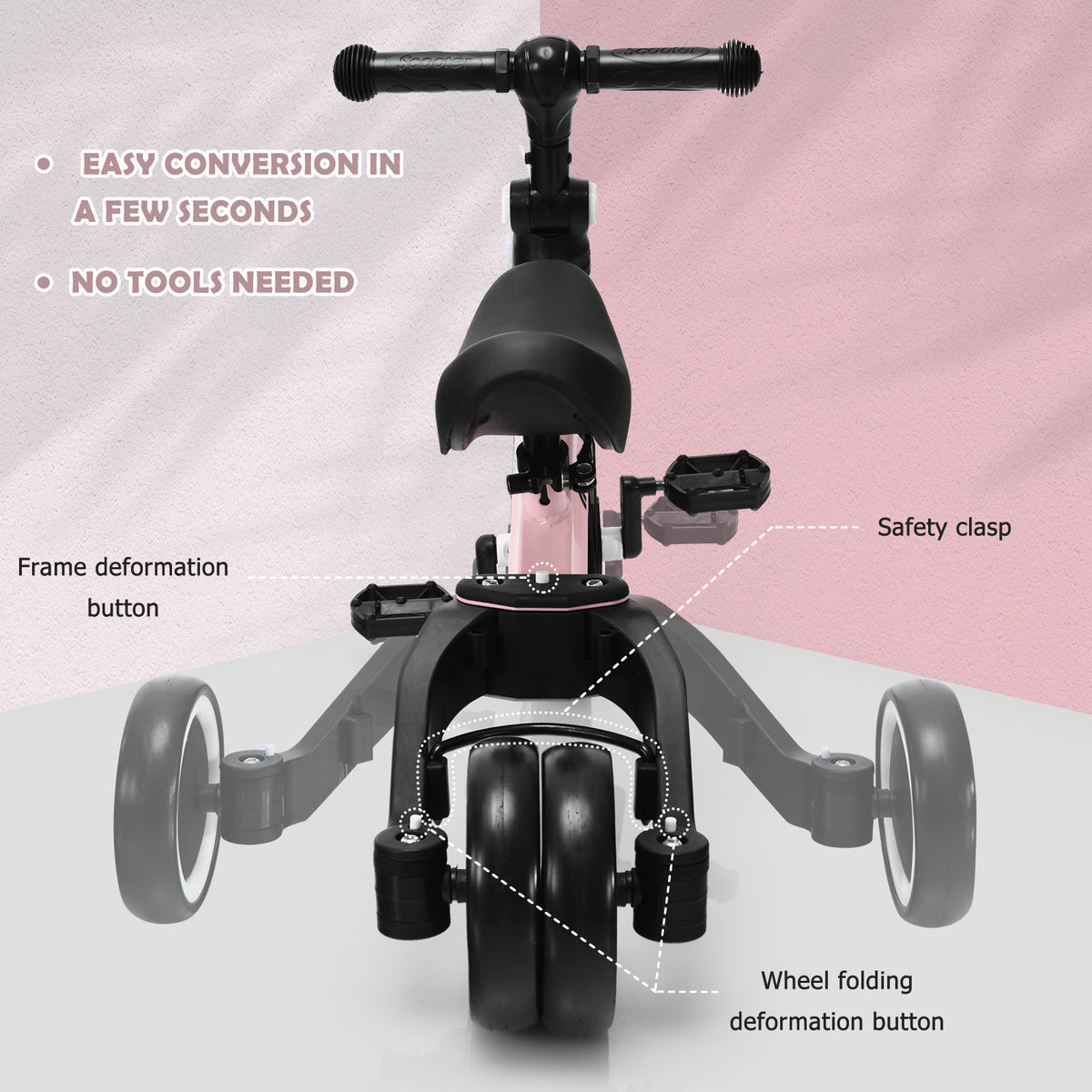 Convertible Balance Bike Kids Trike with Detachable Pedal for 1-4 Years Old Kids-Pink