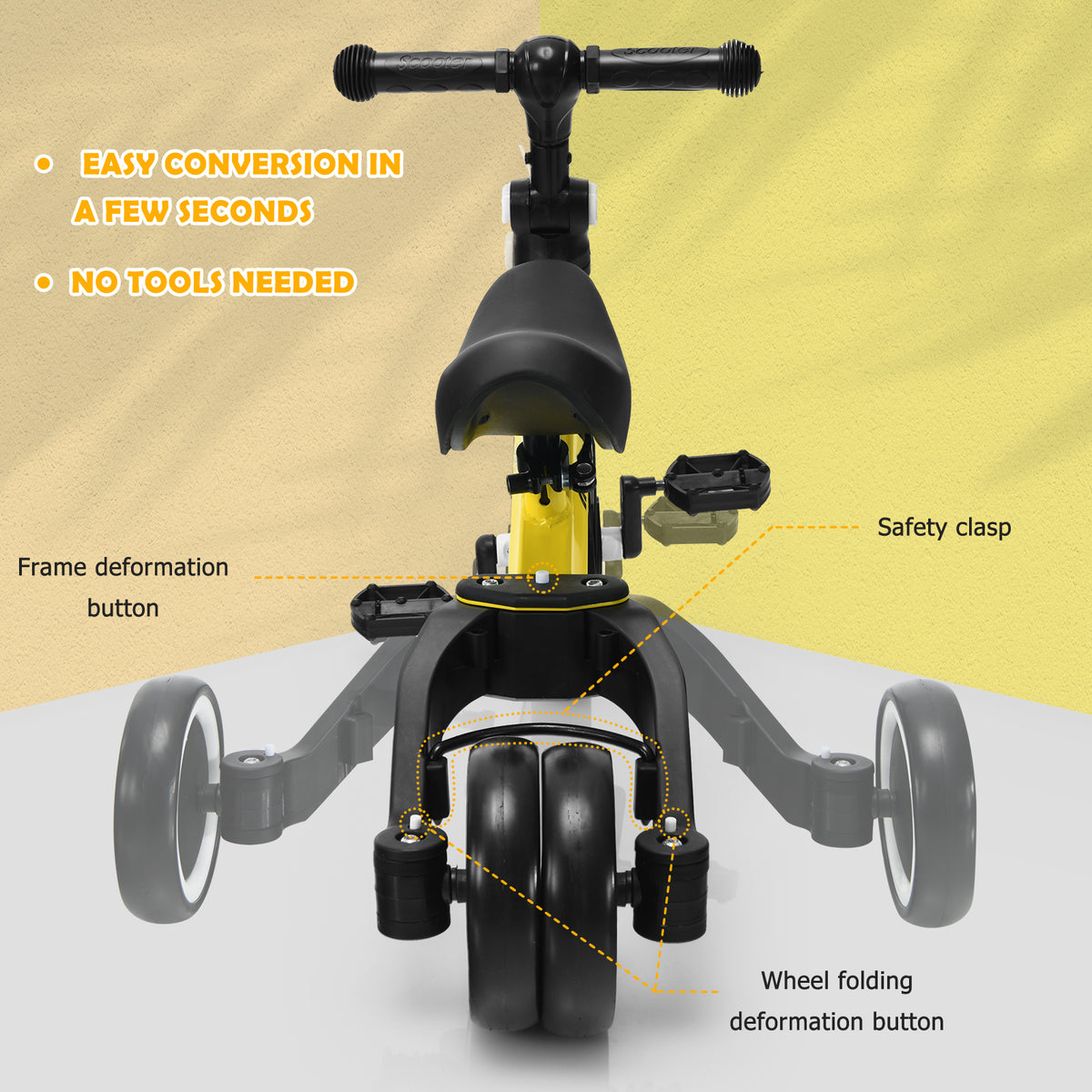 Convertible Balance Bike Kids Trike with Detachable Pedal for 1-4 Years Old Kids-Yellow