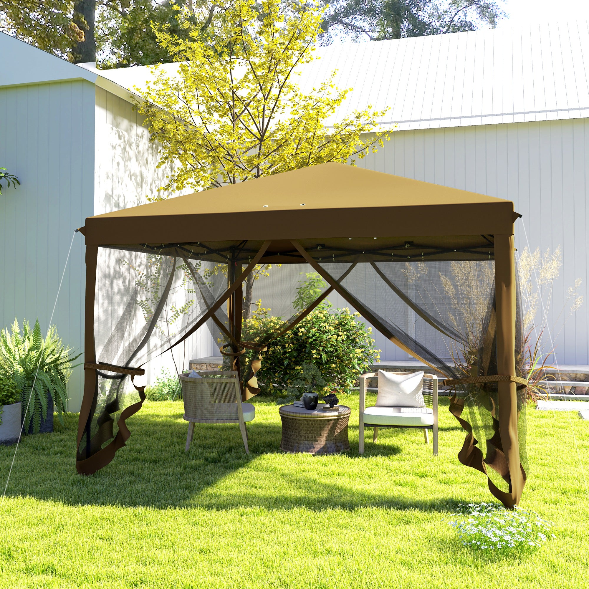 Outsunny 3 x 3√Ç m Pop Up Gazebo, 420D Garden Tent Canopy with Removable Mesh Sidewall Netting, Carry Bag for Garden Patio Outdoor, Khaki