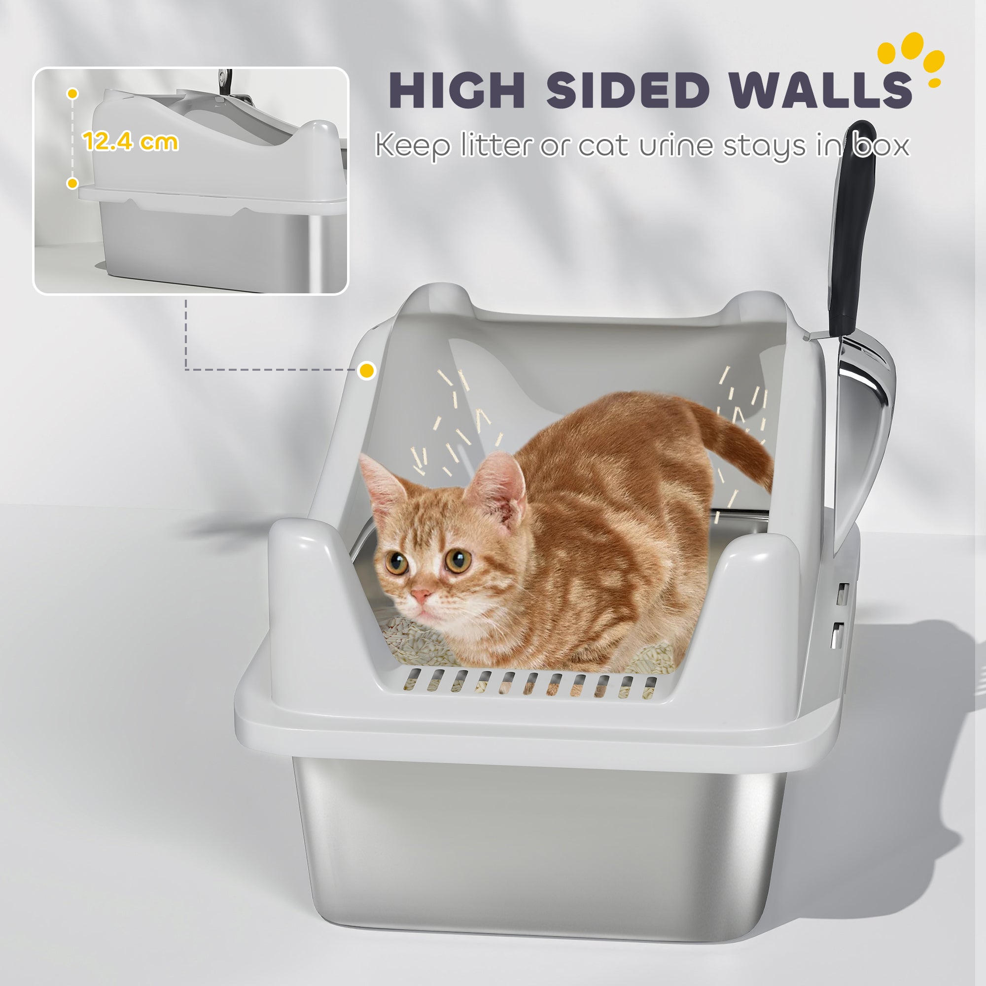 PawHut Stainless Steel Cat Litter Box with High Sides, Metal Scoop, 43 x 33 x 25 cm
