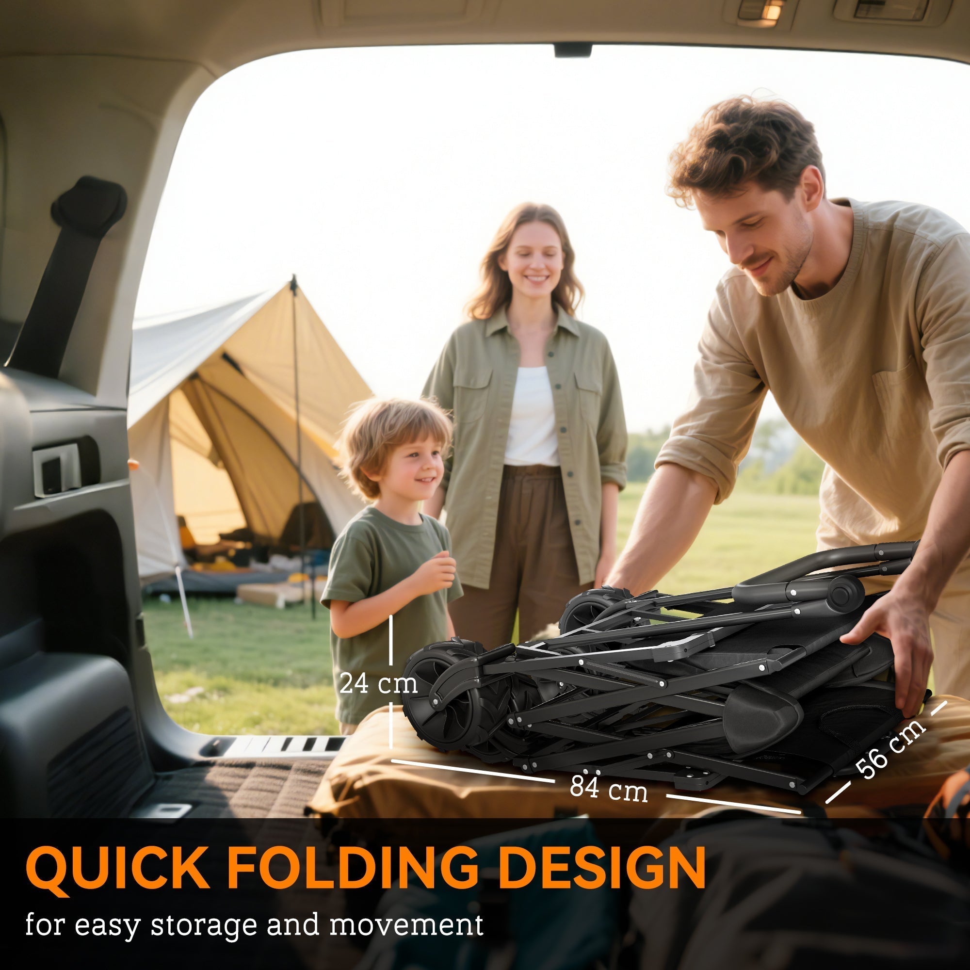 Outsunny Folding Trolley Cart Storage Wagon Beach Trailer 4 Wheels with Handle Overhead Canopy Cart Push Pull for Camping, Black