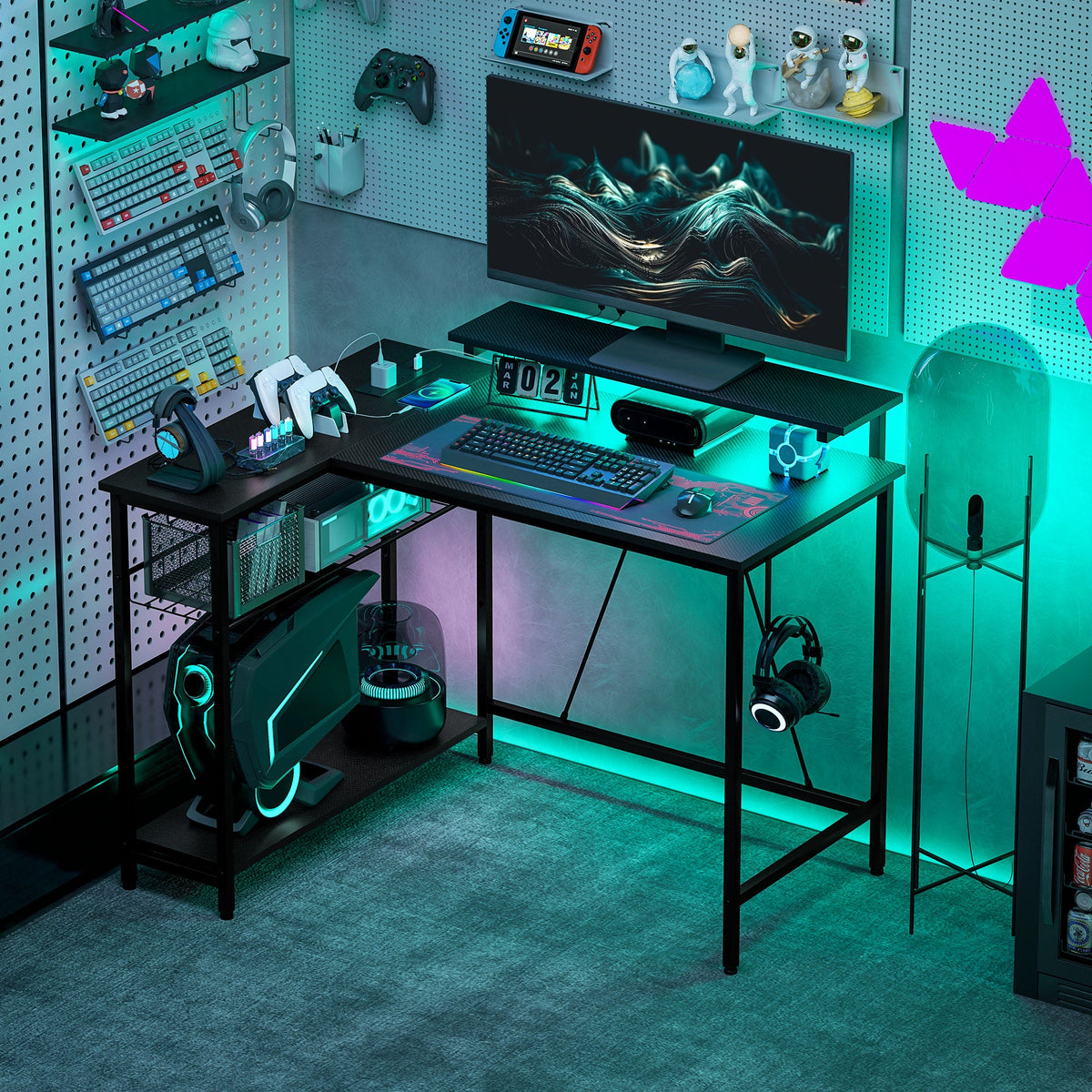 HOMCOM Reversible 'L' LED Light Gaming/Work Desk in Black