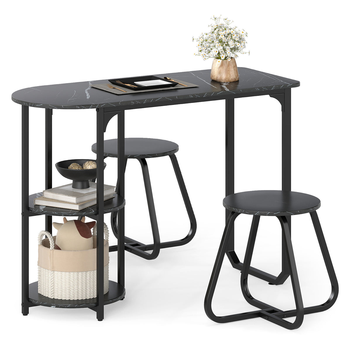 Table and 2 Bar Stools Set with Adjustable Legs for Kitchen-Black