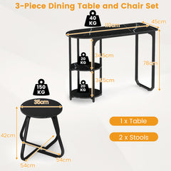 Table and 2 Bar Stools Set with Adjustable Legs for Kitchen-Black