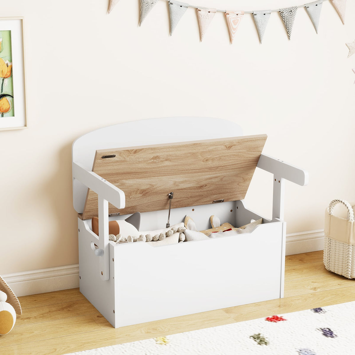 3-in-1 Kids Table and Chair Set with Toy Storage Box-Natural & White