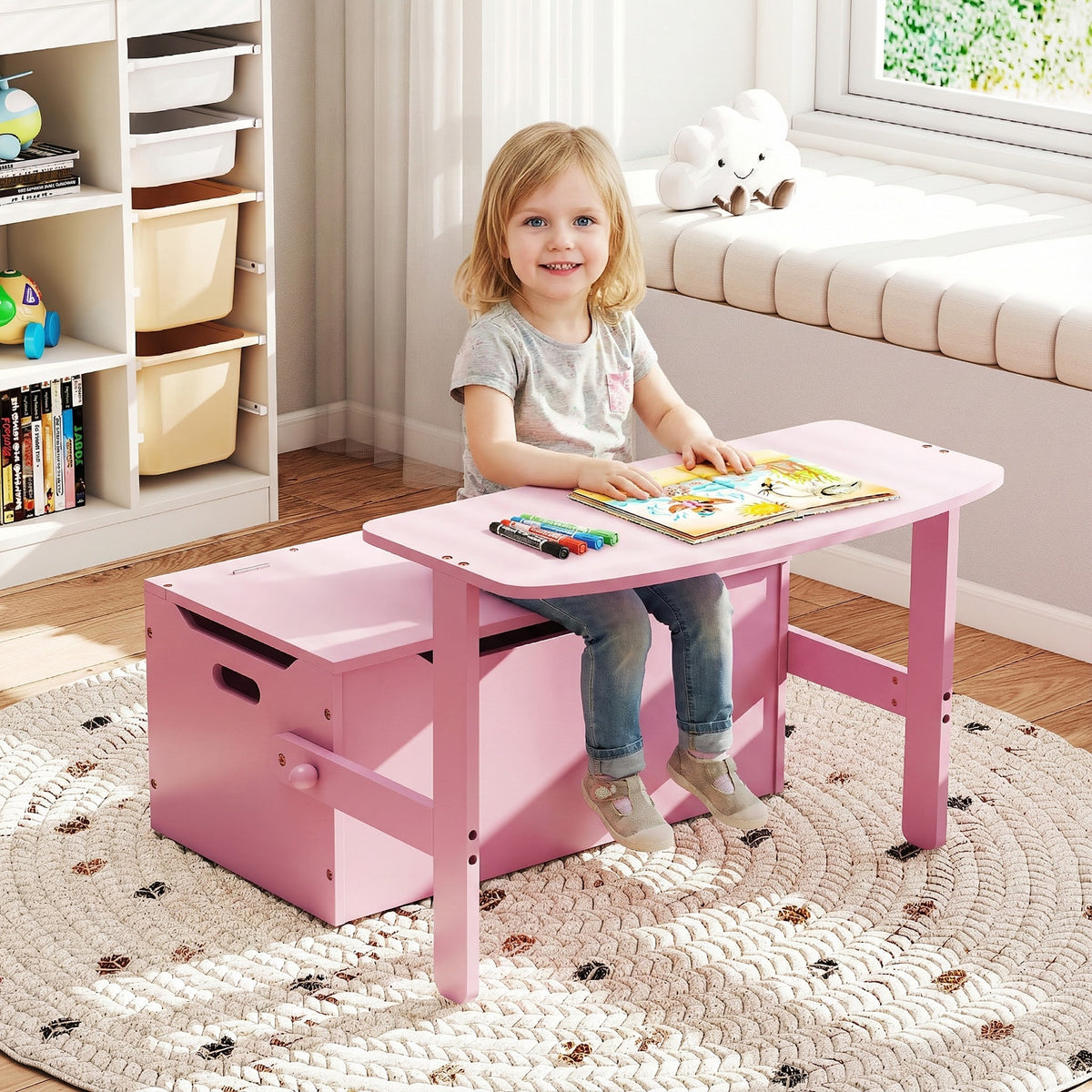 3-in-1 Kids Table and Chair Set with Toy Storage Box-Pink