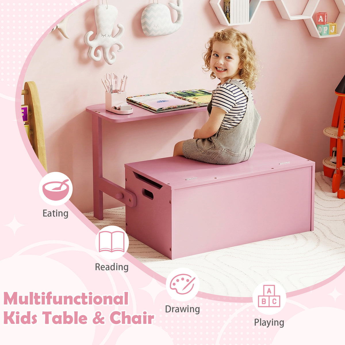 3-in-1 Kids Table and Chair Set with Toy Storage Box-Pink