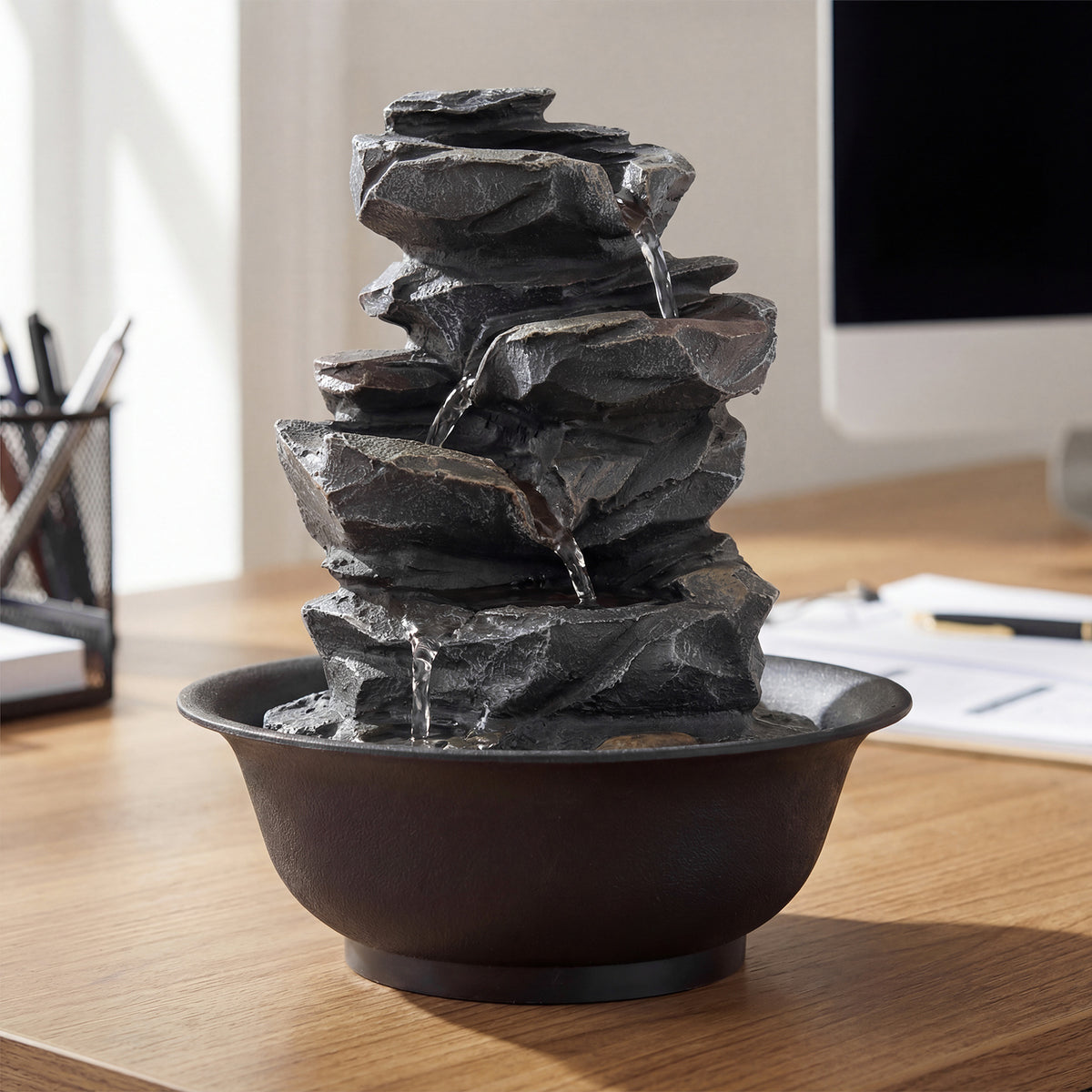 Tabletop Water Fountain Indoor Desktop Cascading Water Feature with LED Light
