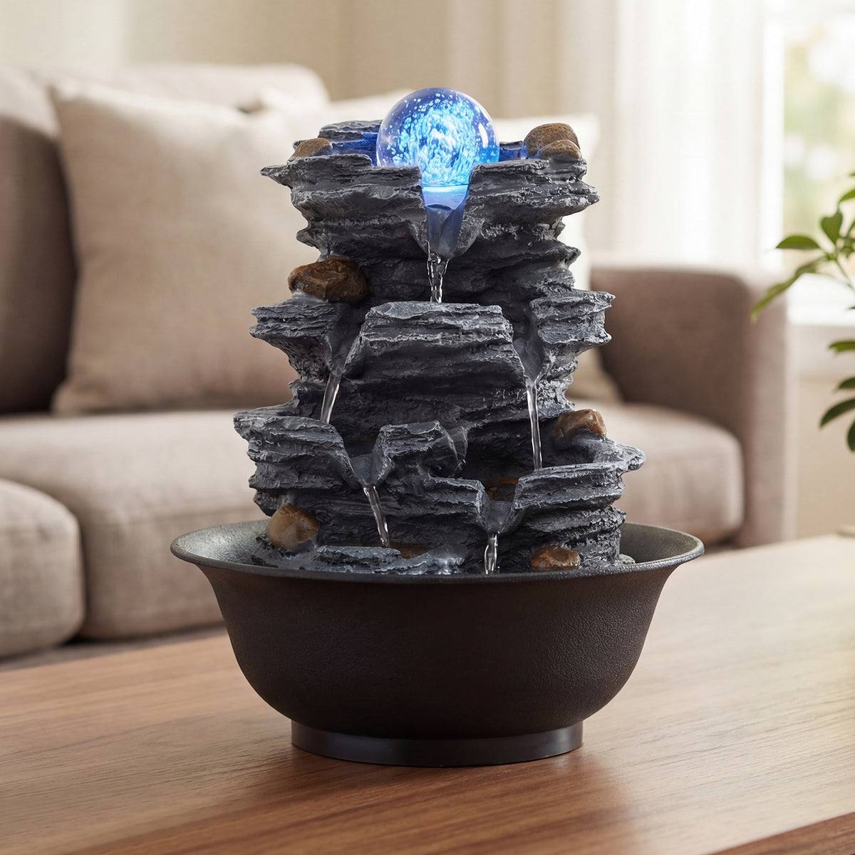 Tabletop Water Fountain with Rolling Crystal Ball Indoor Cascading Water Feature