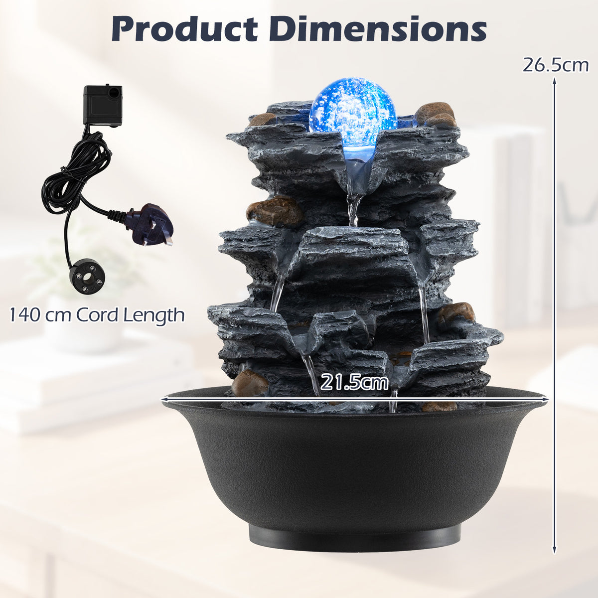 Tabletop Water Fountain with Rolling Crystal Ball Indoor Cascading Water Feature