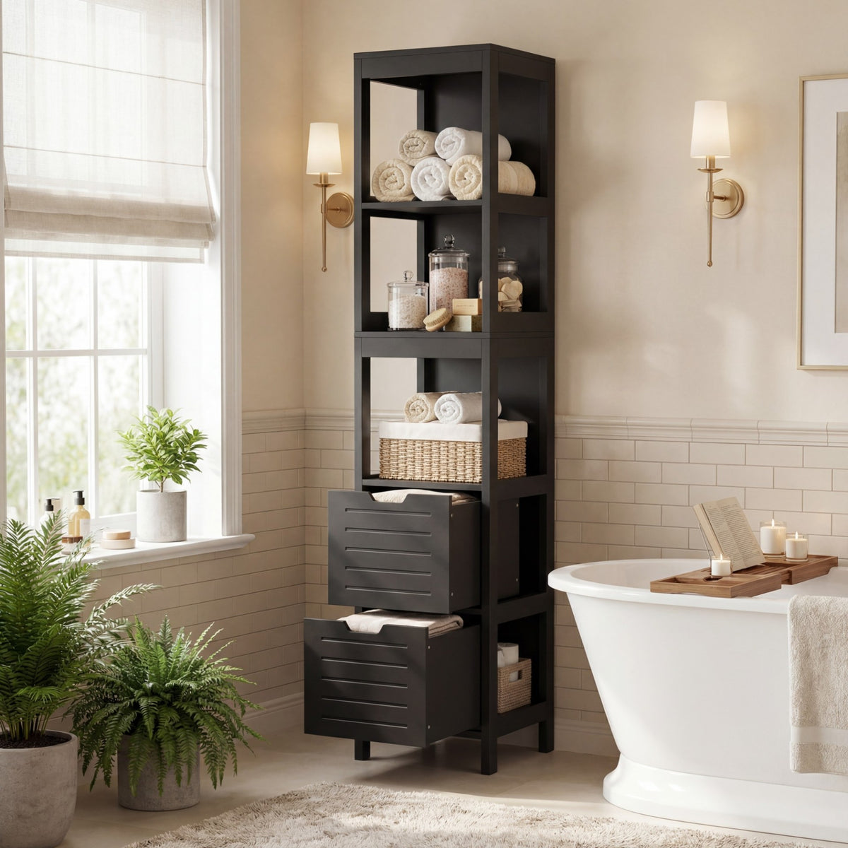 Tall Bath Storage Unit with 2 Deep Box Drawers-Black