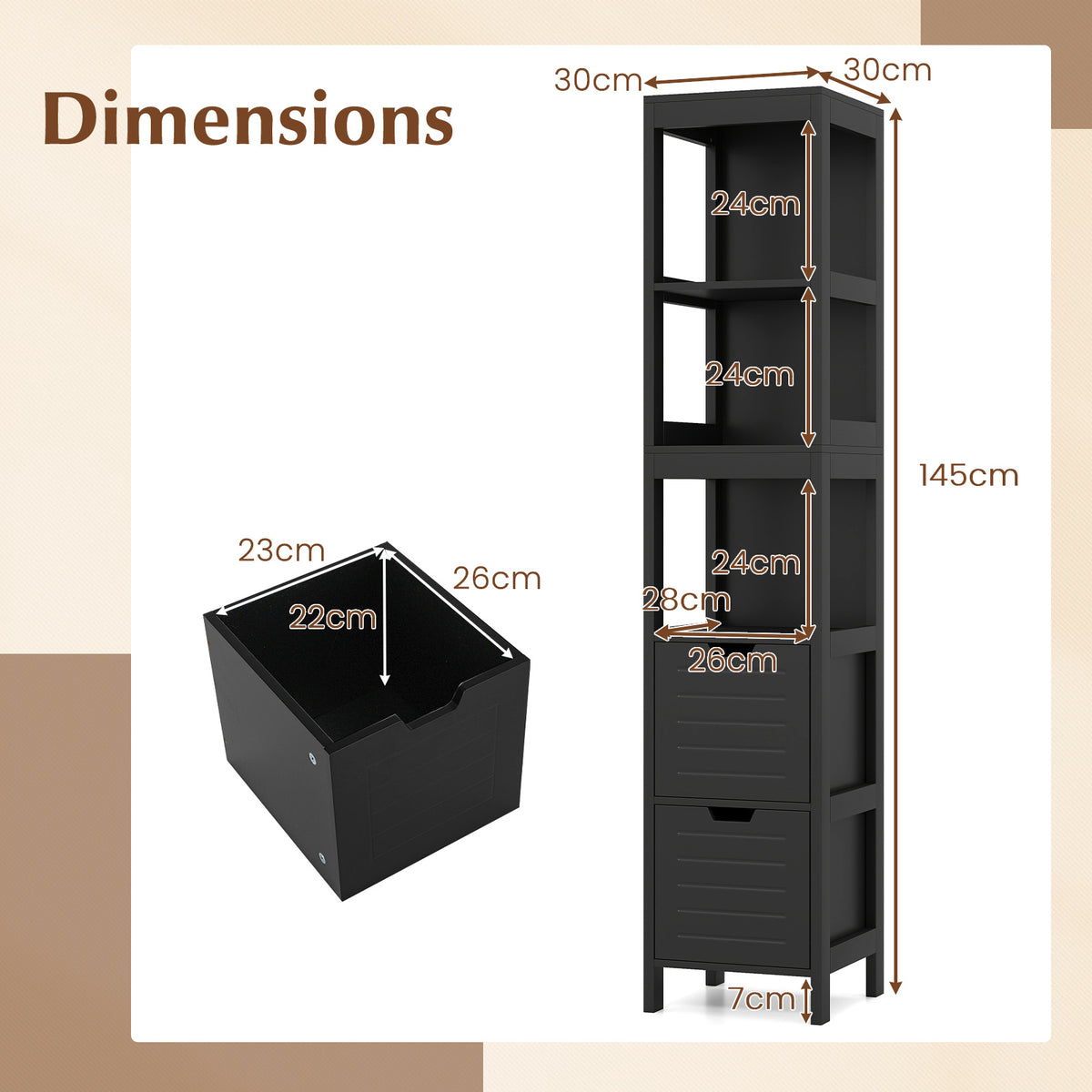 Tall Bath Storage Unit with 2 Deep Box Drawers-Black