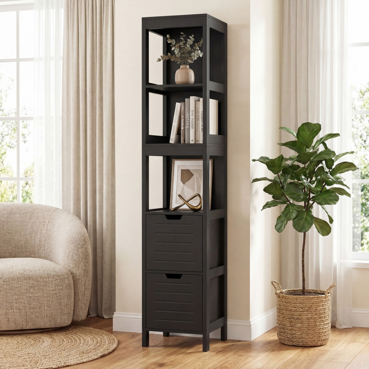 Tall Bath Storage Unit with 2 Deep Box Drawers-Black