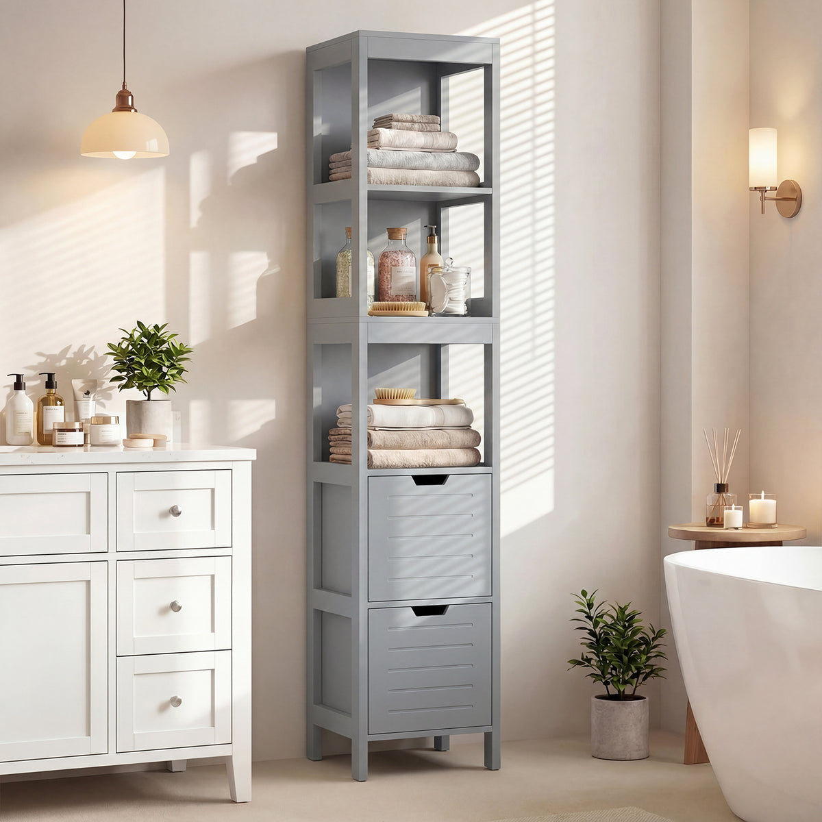 Tall Bath Storage Unit with 2 Deep Box Drawers-Grey