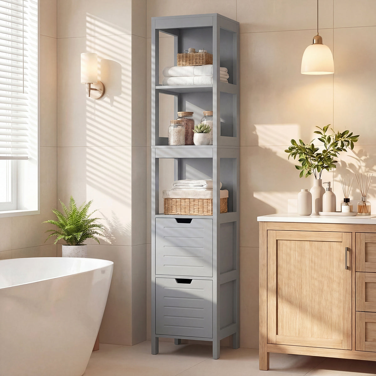 Tall Bath Storage Unit with 2 Deep Box Drawers-Grey