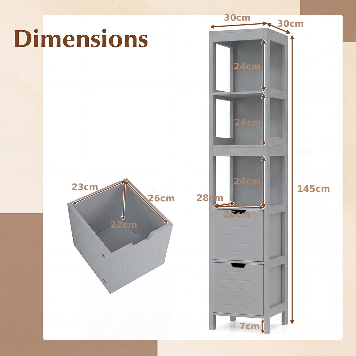 Tall Bath Storage Unit with 2 Deep Box Drawers-Grey