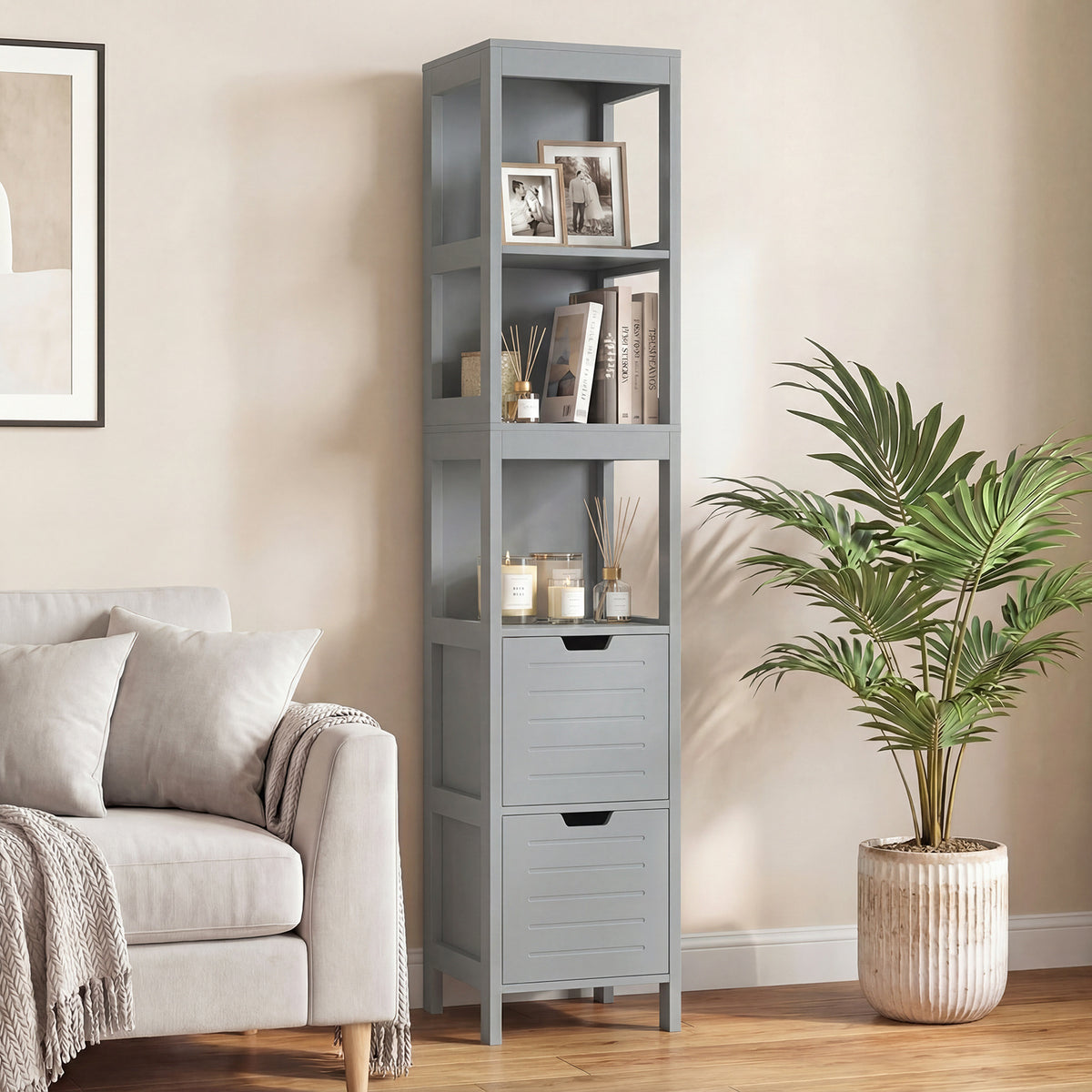 Tall Bath Storage Unit with 2 Deep Box Drawers-Grey