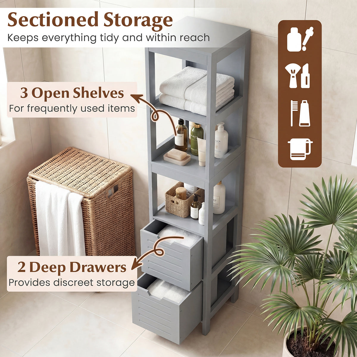 Tall Bath Storage Unit with 2 Deep Box Drawers-Grey