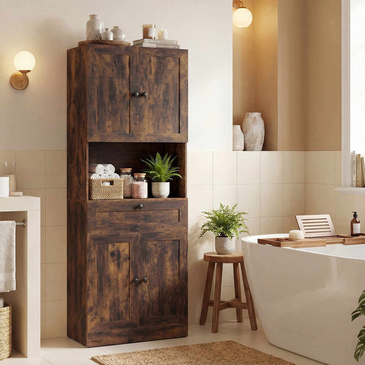 Tall Bathroom Cabinet Freestanding Storage Cabinet with 4 Doors and 1 Drawer-Brown
