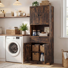 Tall Bathroom Cabinet Freestanding Storage Cabinet with 4 Doors and 1 Drawer-Brown