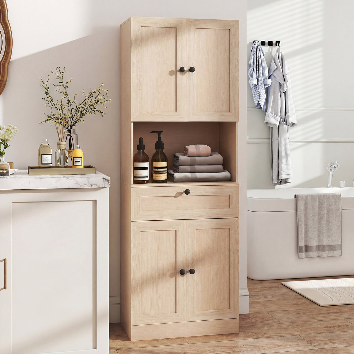 Tall Bathroom Cabinet Freestanding Storage Cabinet with 4 Doors and 1 Drawer-Natural