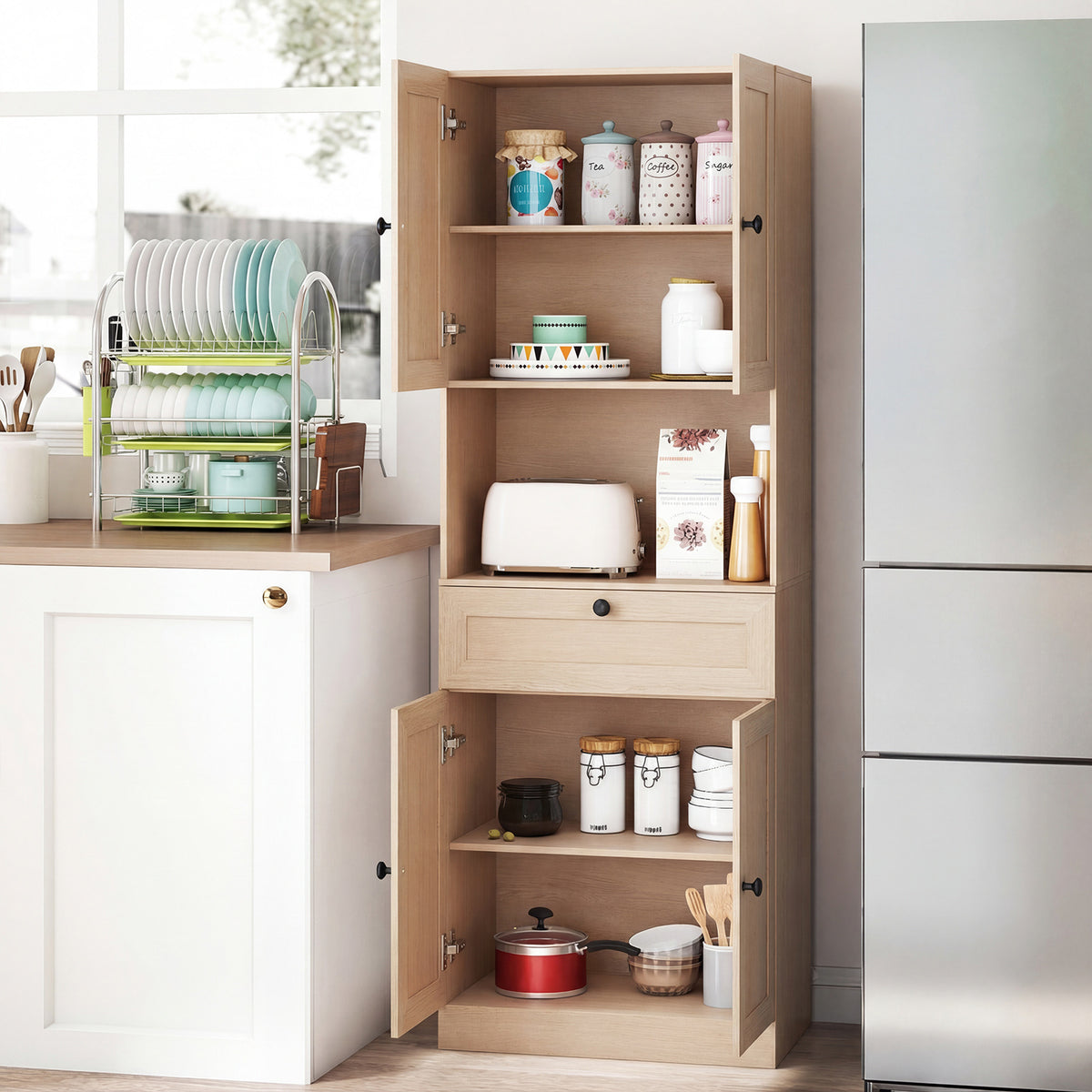 Tall Bathroom Cabinet Freestanding Storage Cabinet with 4 Doors and 1 Drawer-Natural
