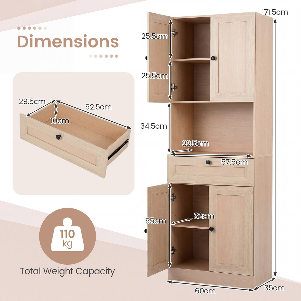 Tall Bathroom Cabinet Freestanding Storage Cabinet with 4 Doors and 1 Drawer-Natural