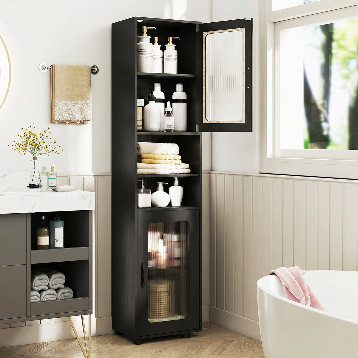 Tall Bathroom Storage Cabinet with Adjustable Shelf for Laundry-Black