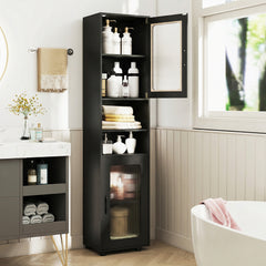 Tall Bathroom Storage Cabinet with Adjustable Shelf for Laundry-Black