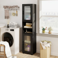 Tall Bathroom Storage Cabinet with Adjustable Shelf for Laundry-Black