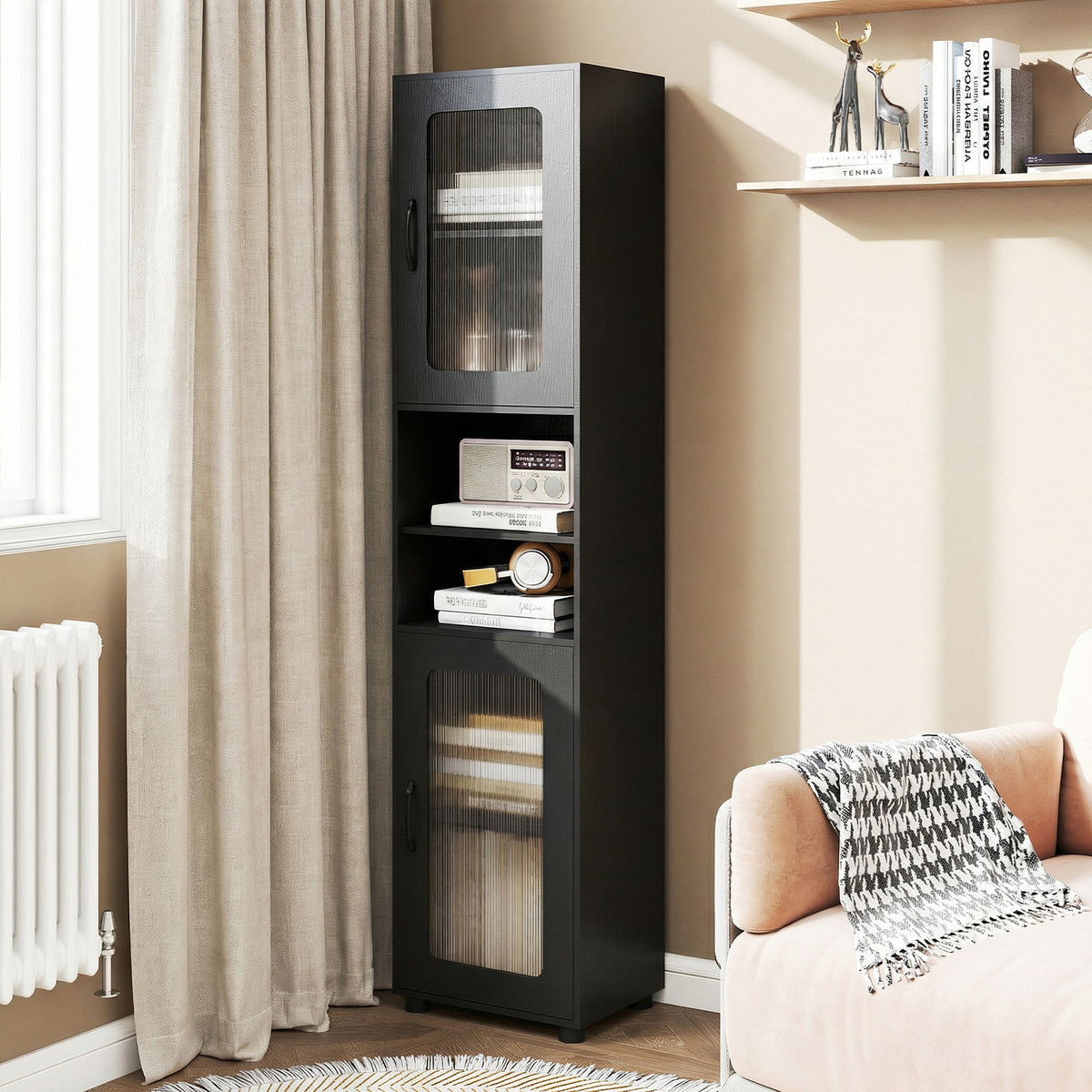 Tall Bathroom Storage Cabinet with Adjustable Shelf for Laundry-Black
