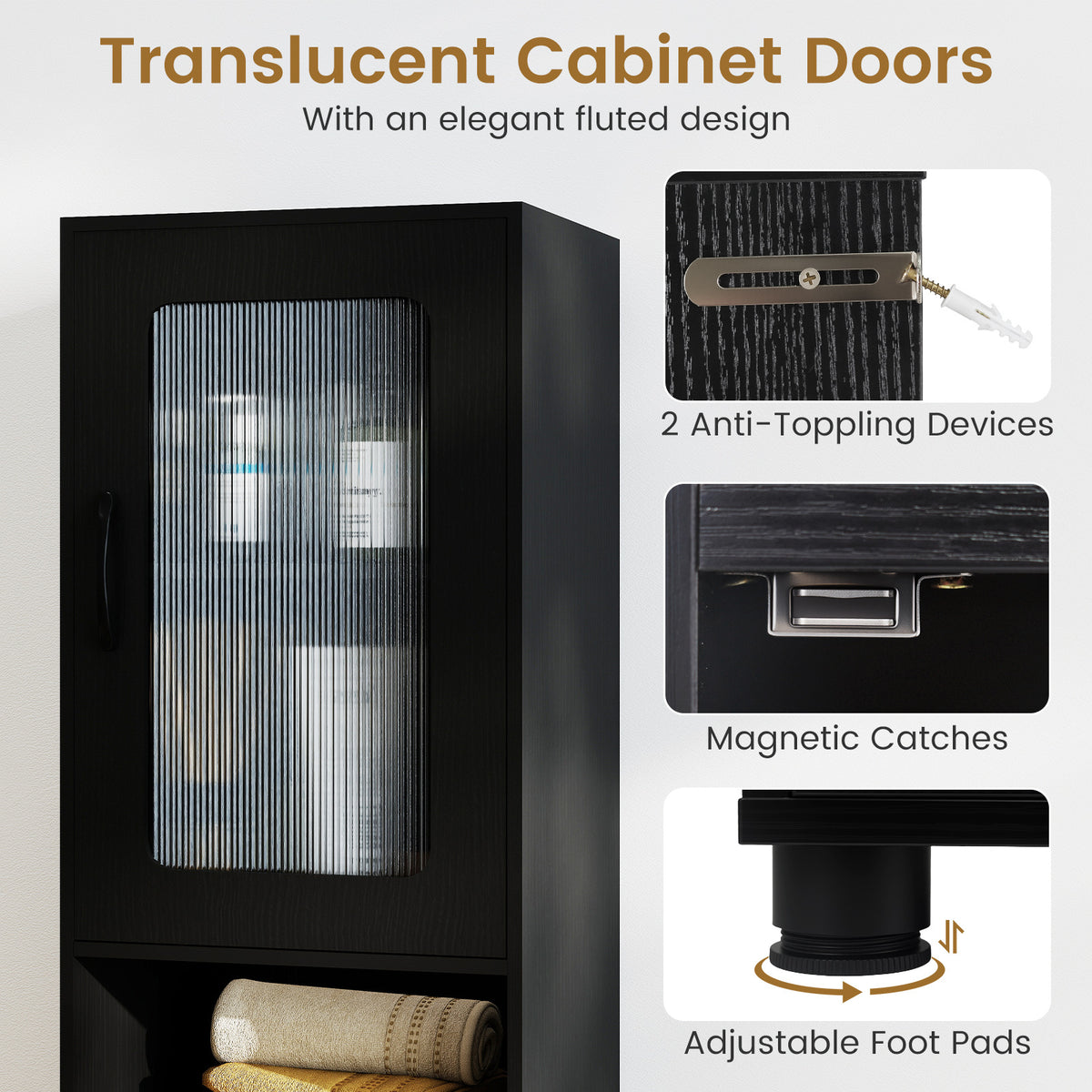 Tall Bathroom Storage Cabinet with Adjustable Shelf for Laundry-Black