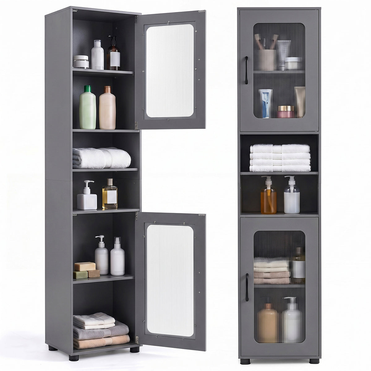 Tall Bathroom Storage Cabinet with Adjustable Shelf for Laundry-Grey