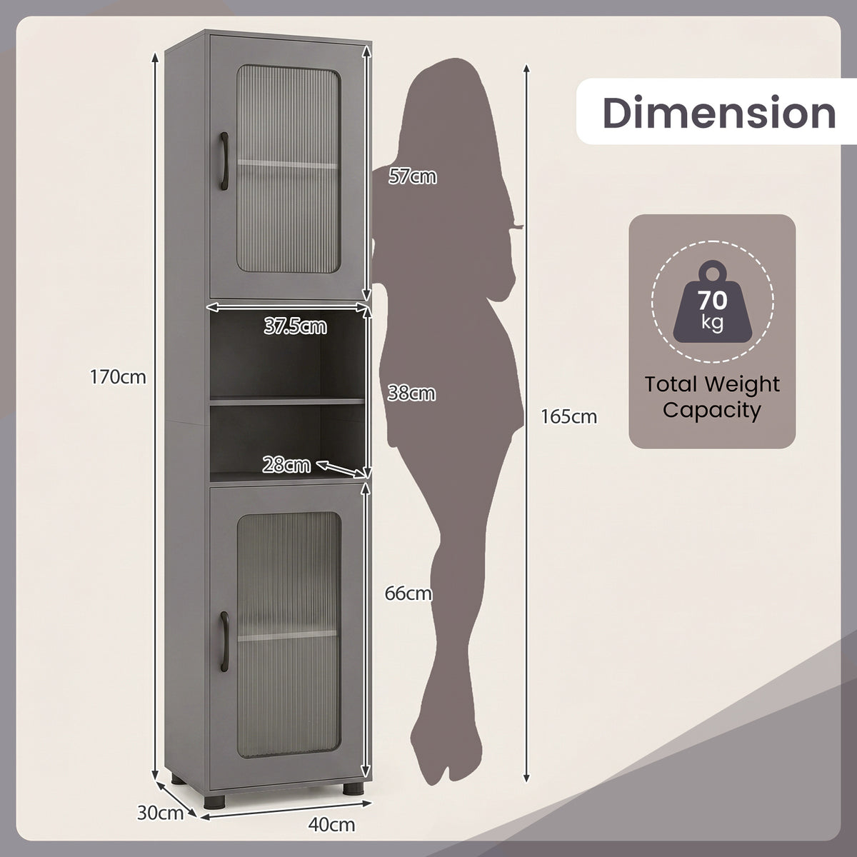 Tall Bathroom Storage Cabinet with Adjustable Shelf for Laundry-Grey