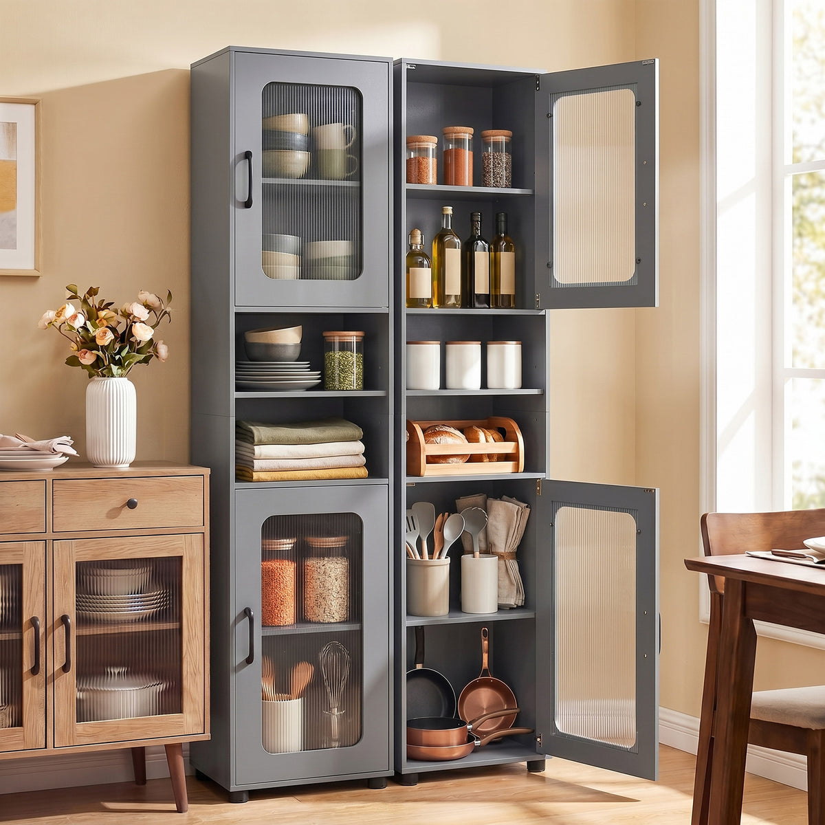 Tall Bathroom Storage Cabinet with Adjustable Shelf for Laundry-Grey