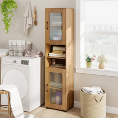 Tall Bathroom Storage Cabinet with Adjustable Shelf for Laundry-Natural