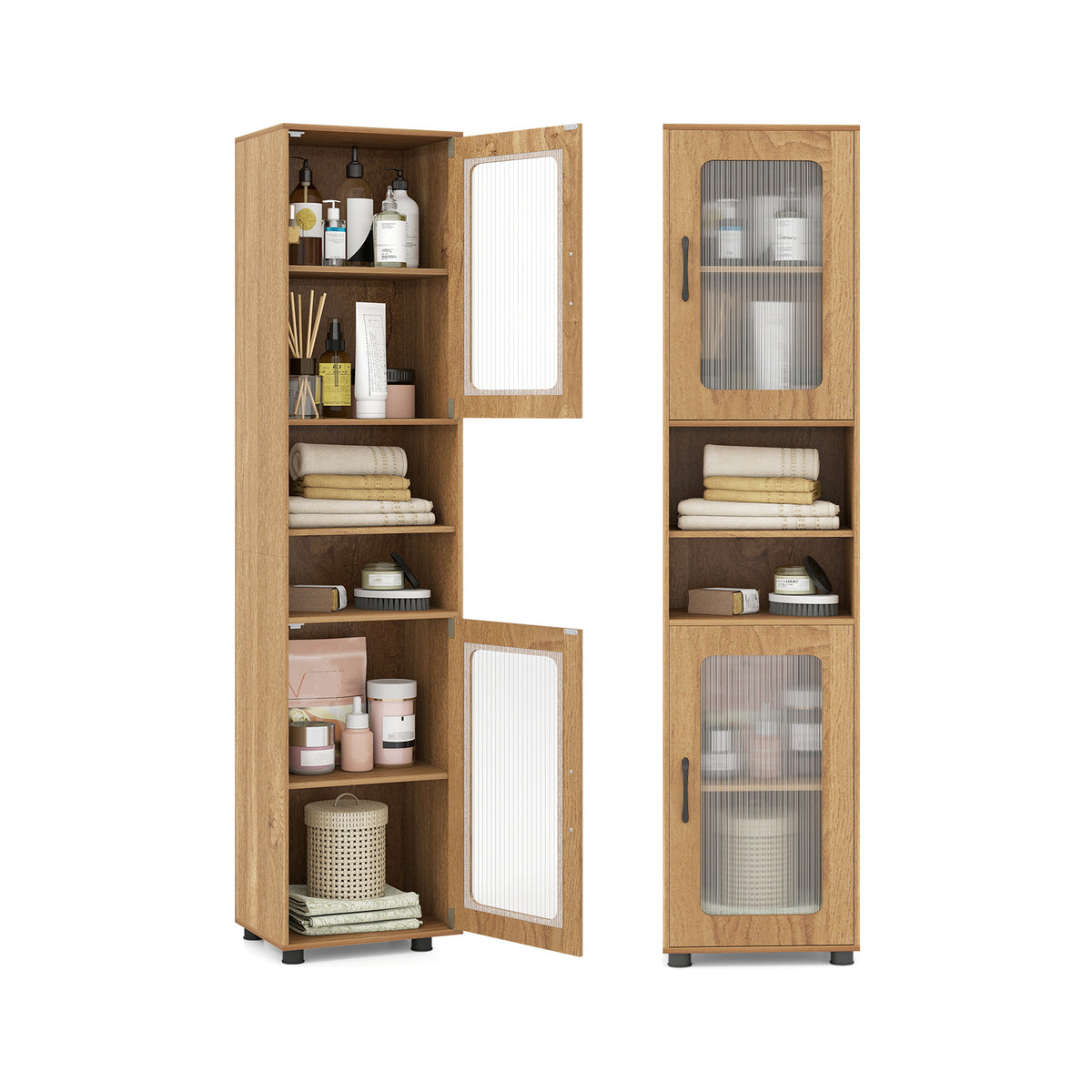 Tall Bathroom Storage Cabinet with Adjustable Shelf for Laundry-Natural