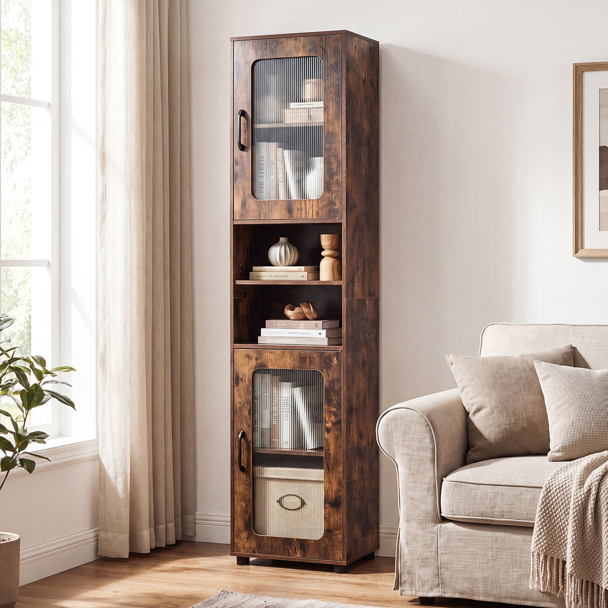 Tall Bathroom Storage Cabinet with Adjustable Shelf for Laundry-Rusticbrown