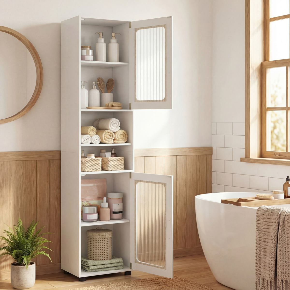 Tall Bathroom Storage Cabinet with Adjustable Shelf for Laundry-White