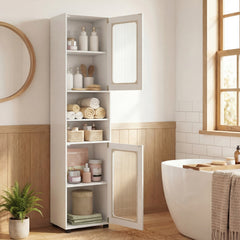Tall Bathroom Storage Cabinet with Adjustable Shelf for Laundry-White