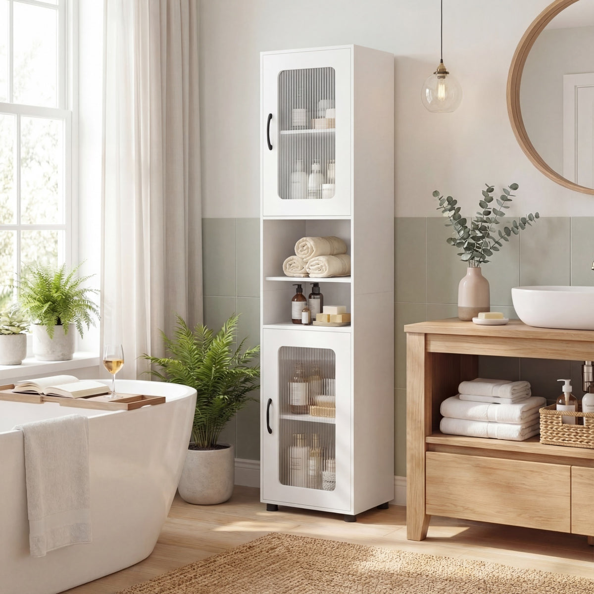 Tall Bathroom Storage Cabinet with Adjustable Shelf for Laundry-White