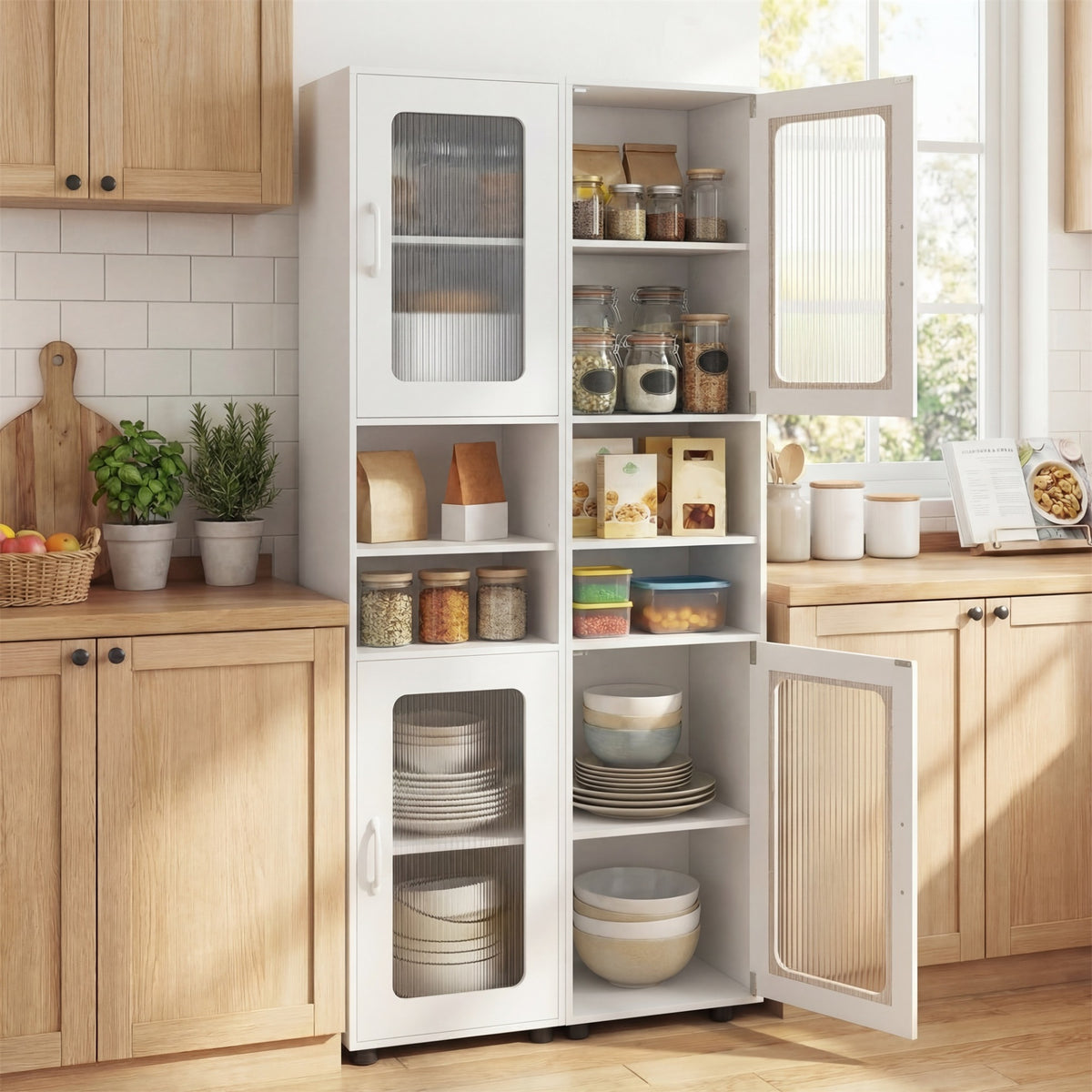 Tall Bathroom Storage Cabinet with Adjustable Shelf for Laundry-White