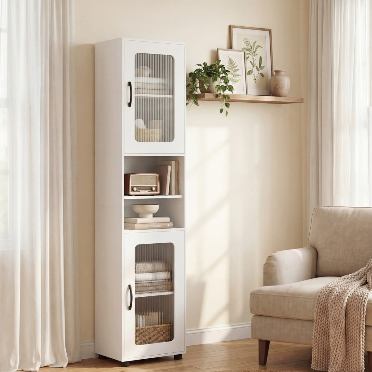 Tall Bathroom Storage Cabinet with Adjustable Shelf for Laundry-White