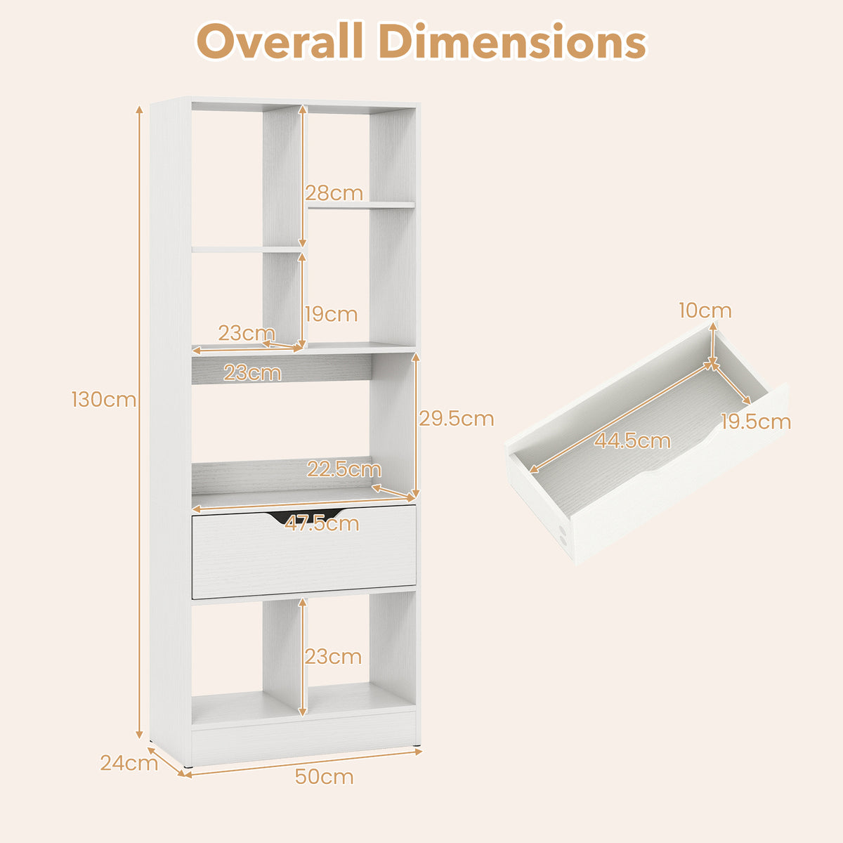 Tall Freestanding Bookshelf with 7 Open Cubes and Anti-toppling Kits for Living Room-White