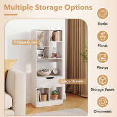Tall Freestanding Bookshelf with 7 Open Cubes and Anti-toppling Kits for Living Room-White
