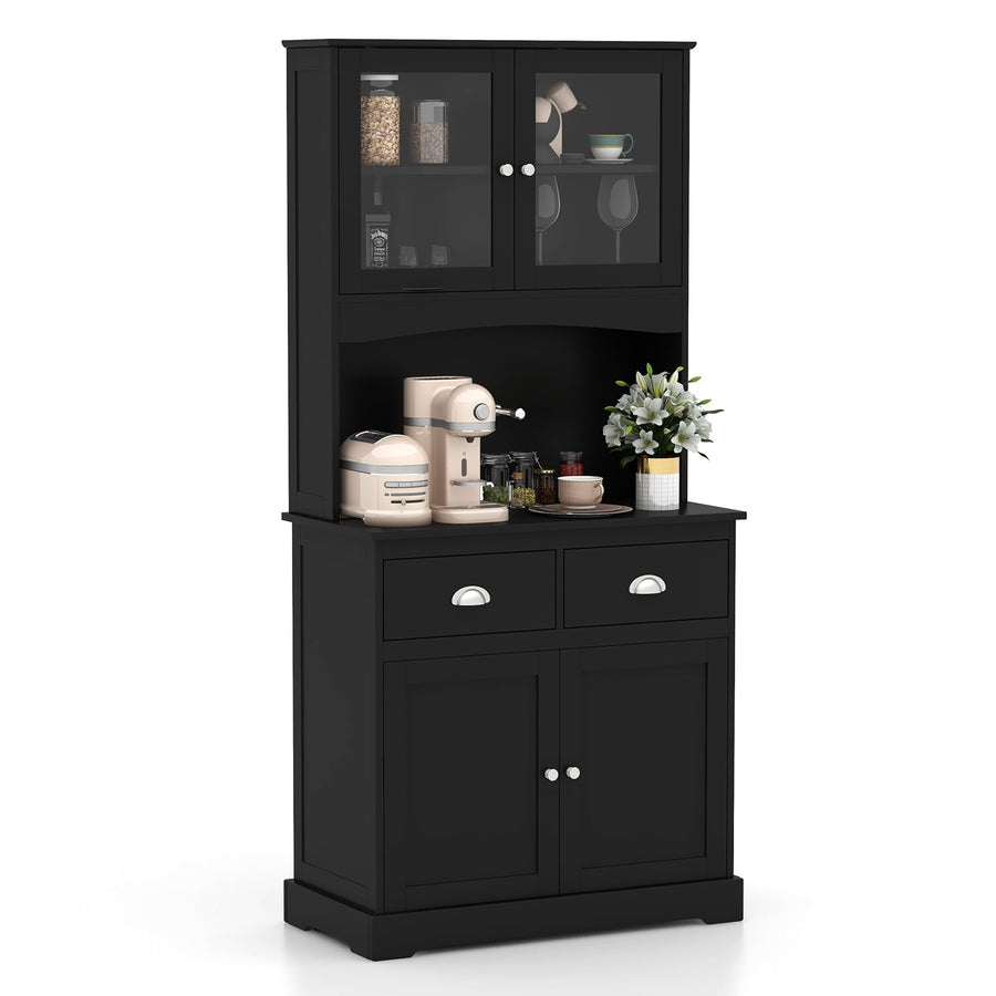 Tall Storage Cabinet with Microwave Stand Tempered Glass Doors and Adjustable Shelves-Black