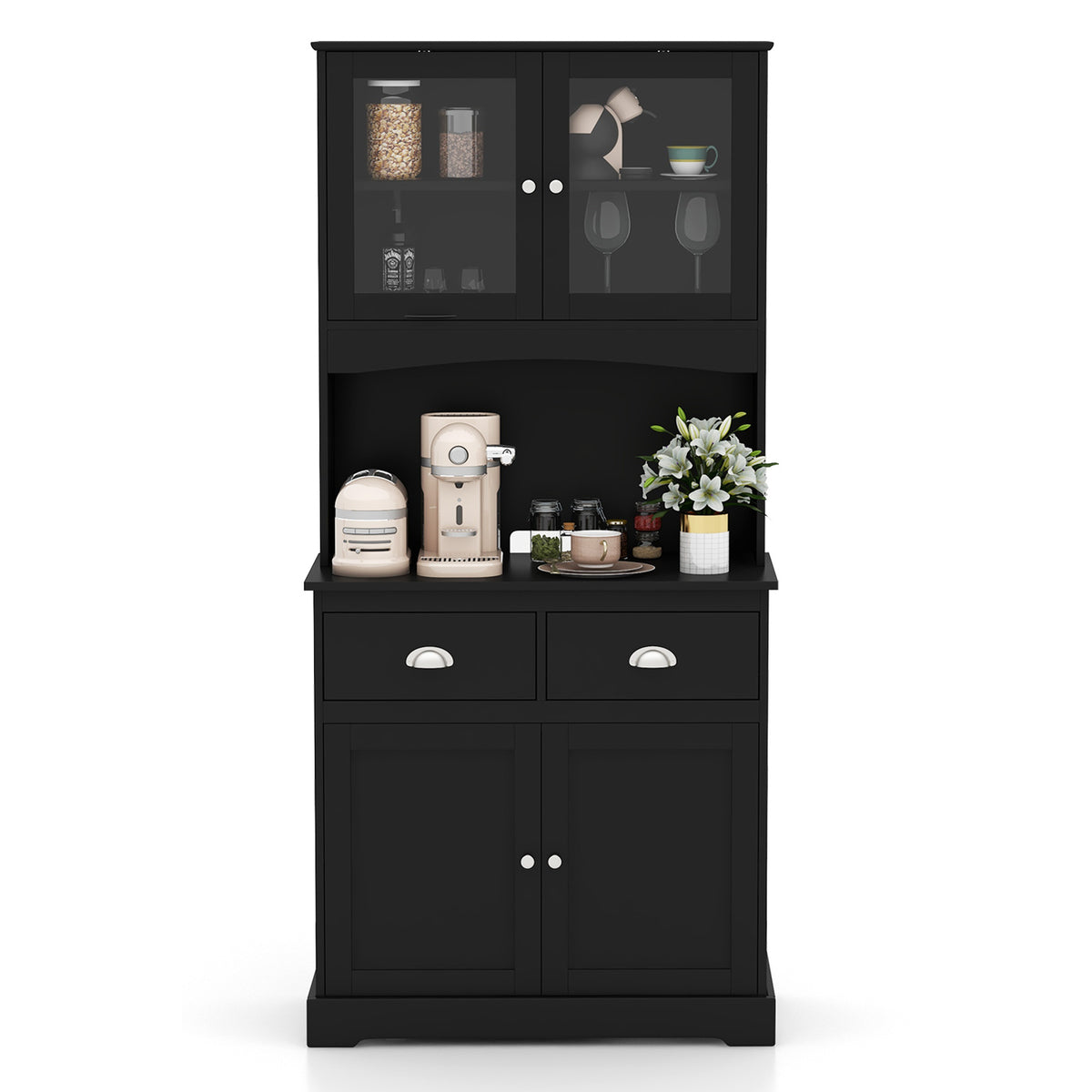 Tall Storage Cabinet with Microwave Stand Tempered Glass Doors and Adjustable Shelves-Black